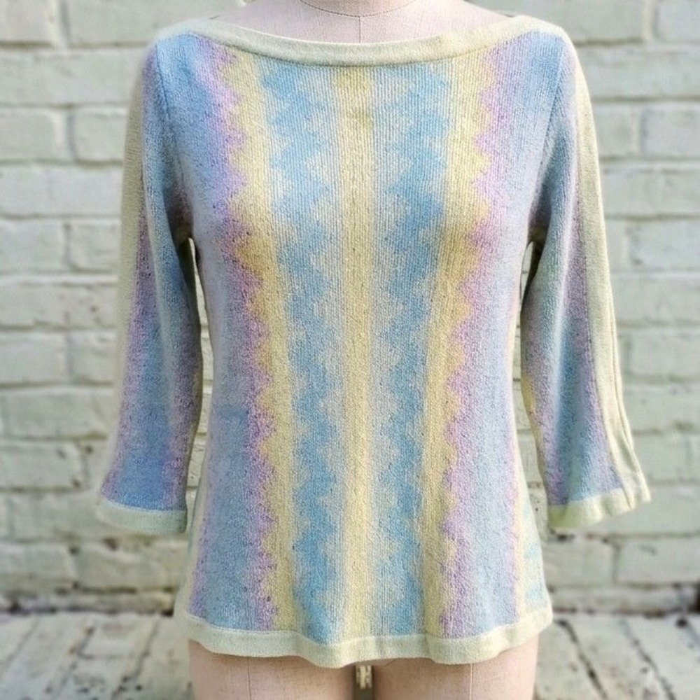 St John Sweater Pastel Multi Color Santana Knit Boat Neck 3/4 Sleeve Vintage M